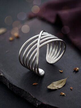 Crisscross Wire Ring Wide Open Band Adjustable 18K White Gold Plated Steel